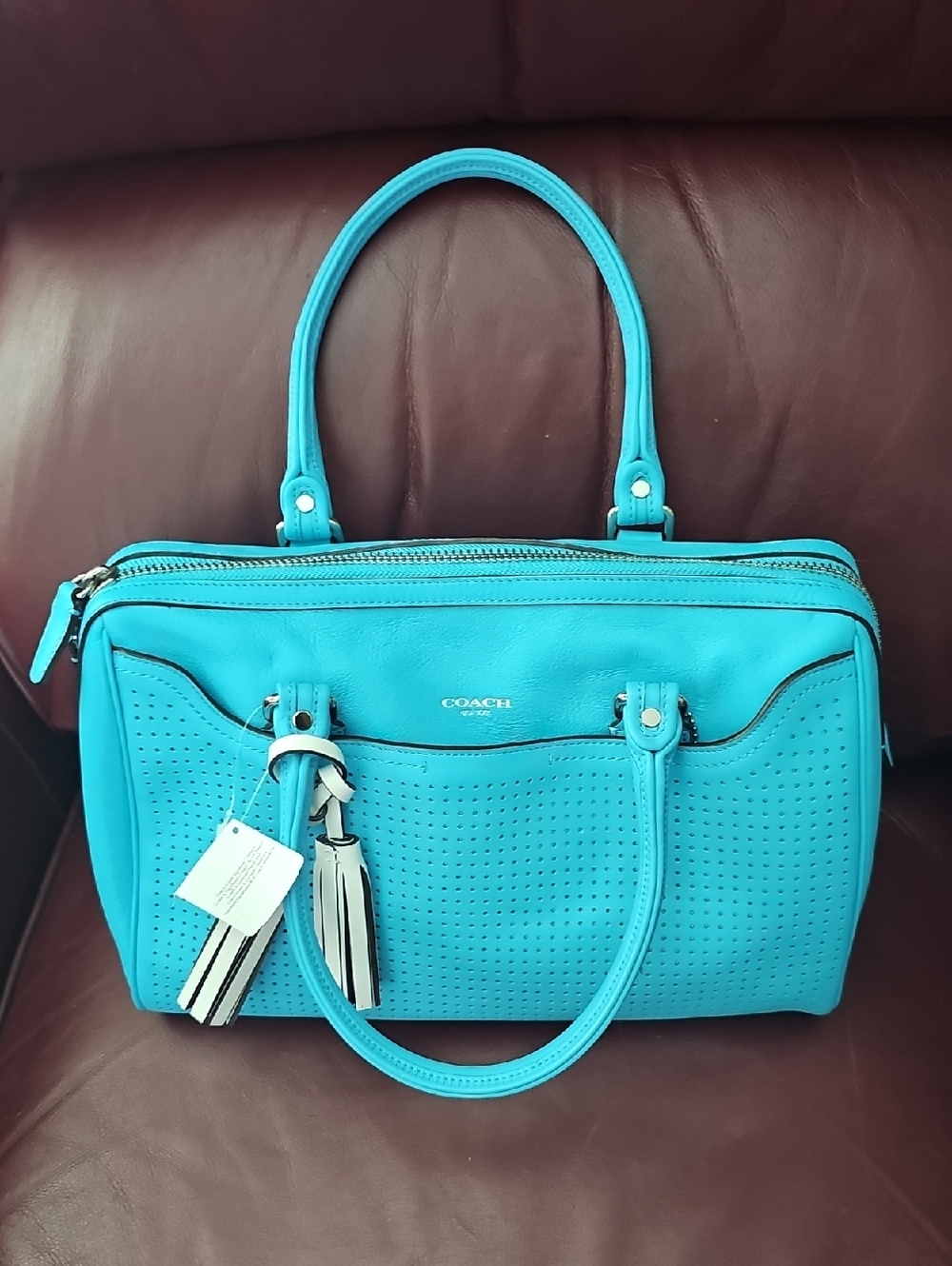 Coach Turquoise Perforated Leather Satchel with Tassel Charm